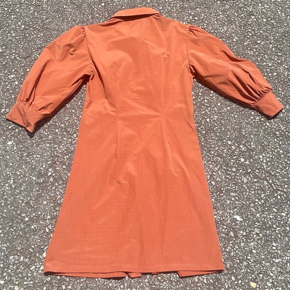 Burnt Orange Ruched Mango Mini Shirt Dress Puffed Sleeves Summer Workwear Size M - Picture 2 of 4